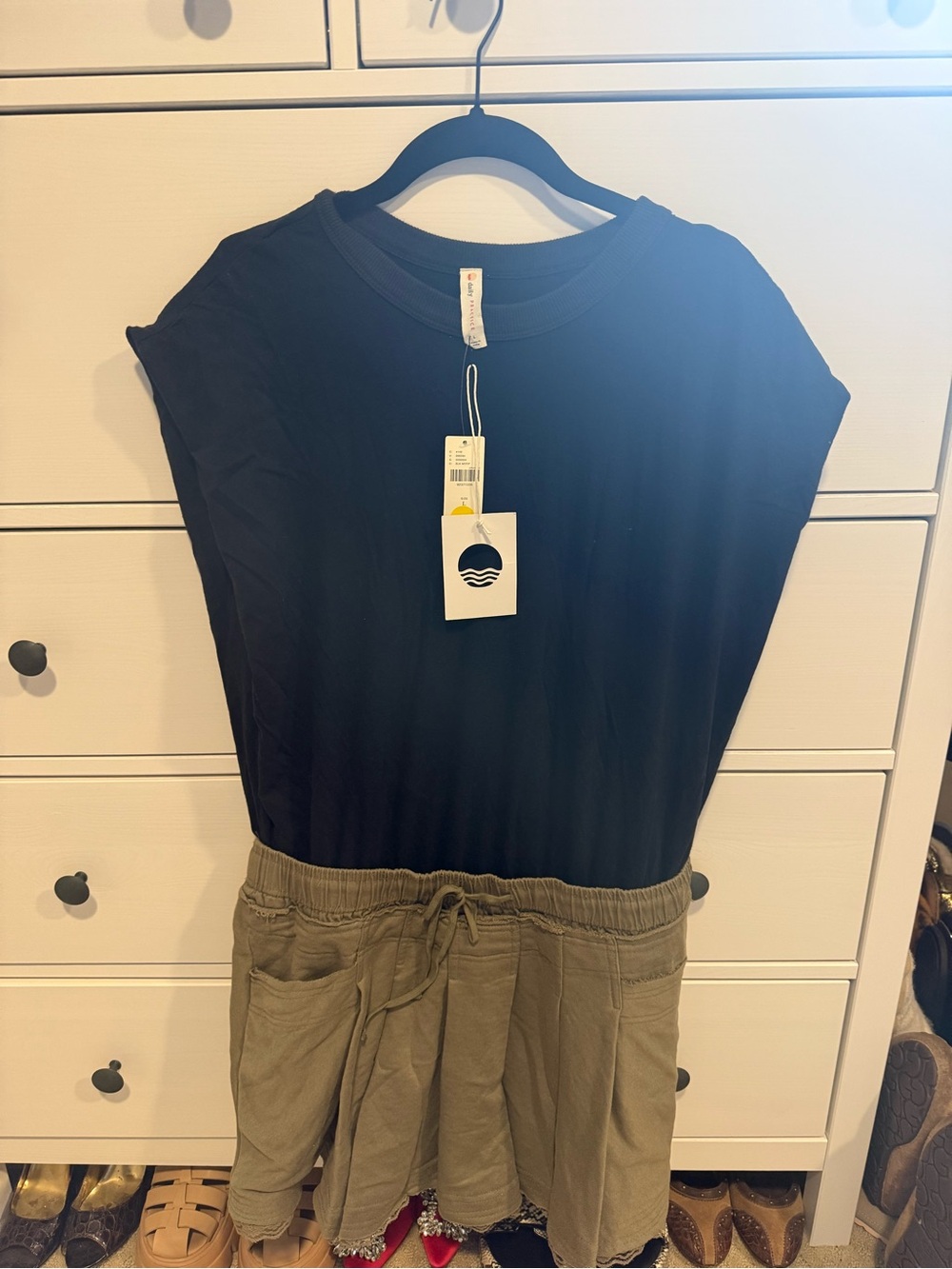 Anthropologie Black Sleeveless Tunic with Olive Drawstring Skirt